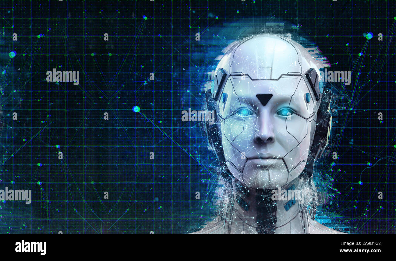 La tecnologia Robot sci-fi Cyborg donna android sfondo : umanoidi intelligenza artificiale wallpaper-3D render Foto Stock