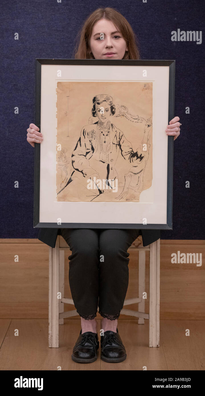 Bonhams, Londra, Regno Unito. Il 14 novembre 2019. Nicky Haslam, uno del mondo più celebri designer di interni, assiste una foto chiamata a Bonhams per la vendita della sua impressionante collezione dalla caccia in Hampshire, dove Haslam ha vissuto dal 1978. Immagine: ritratto di Coco Chanel da Cecil Beaton. Stima £ 4,000-6,000. Credito: Malcolm Park/Alamy Live News. Foto Stock