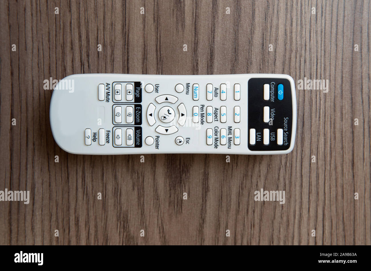 Il dispositivo di controllo remoto . Proiettore bianco del sistema di controllo remoto sullo sfondo di legno. Console del proiettore su una tavola di legno . Foto Stock
