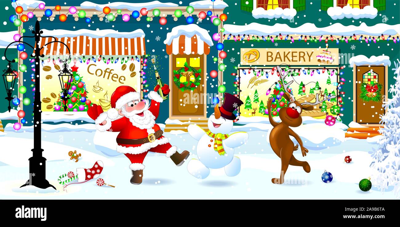 Gioiosa Santa Claus, il cervo e il pupazzo di neve su una città nevoso street. La città di notte decorato per il Natale. Illustrazione Vettoriale