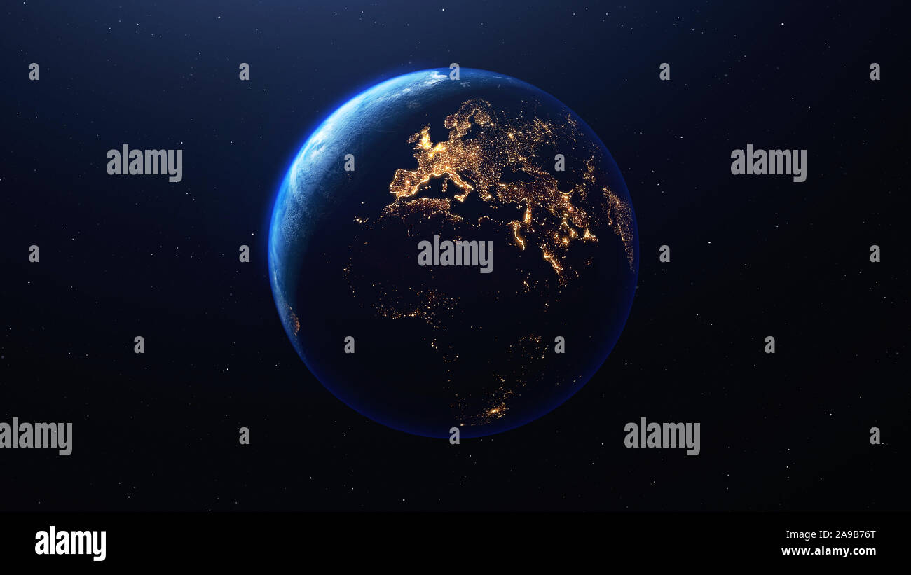 Pianeta Terra visto dallo spazio di notte che mostra le luci dell Europa e dell Africa, 3d rendering, elementi di questa immagine fornita dalla NASA Foto Stock