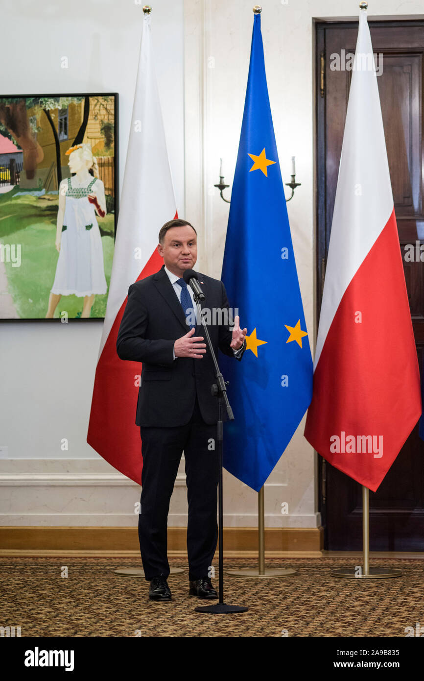 Varsavia, Polonia. Xiv Nov, 2019. Presidente Andrzej Duda parla durante la cerimonia di designazione. Credito: SOPA Immagini limitata/Alamy Live News Foto Stock