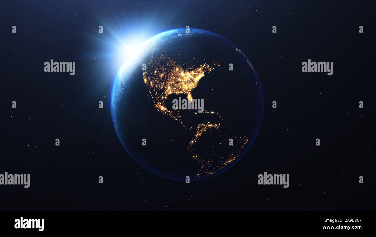 Pianeta Terra con il sole visto dallo spazio di notte che mostra le luci degli Stati Uniti d'America USA , 3D render, elemento di questa immagine dalla NASA Foto Stock