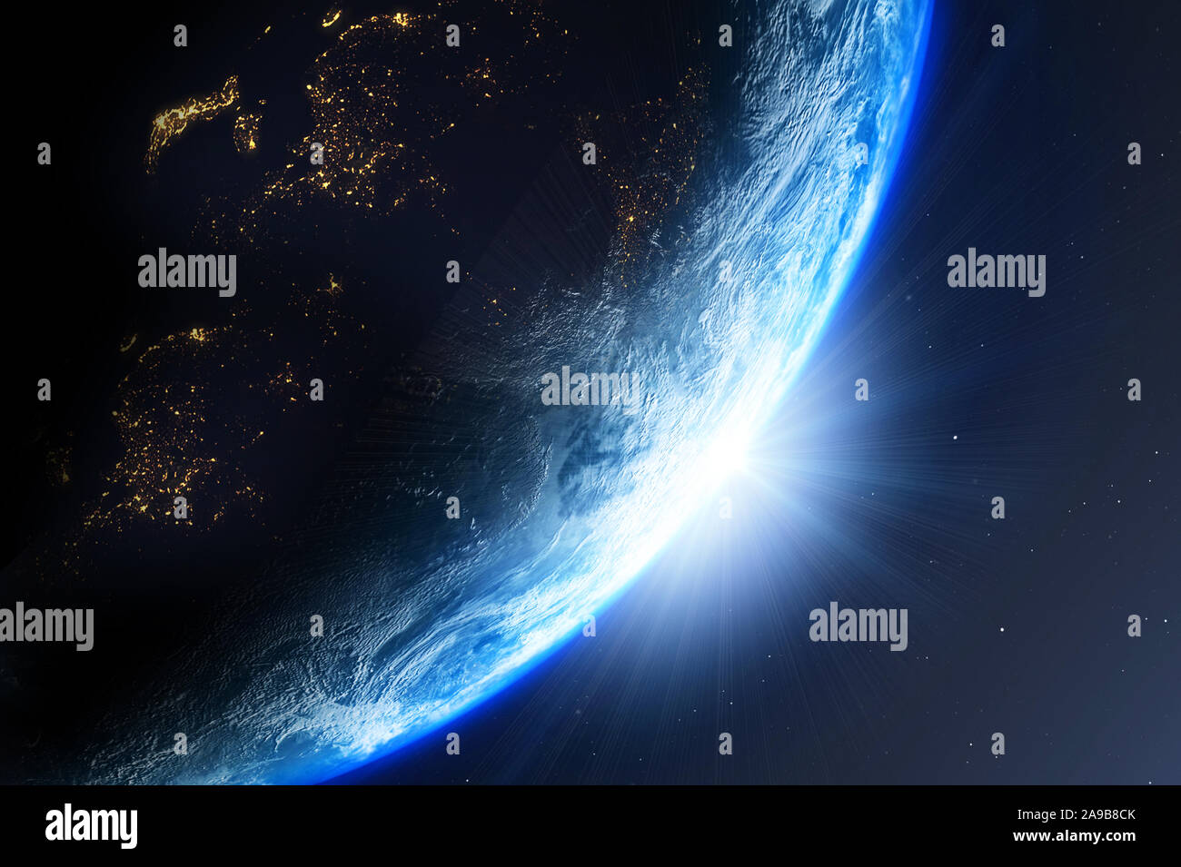 Pianeta Terra con il sole visto dallo spazio , 3D render del pianeta Terra, gli elementi di questa immagine fornita dalla NASA Foto Stock