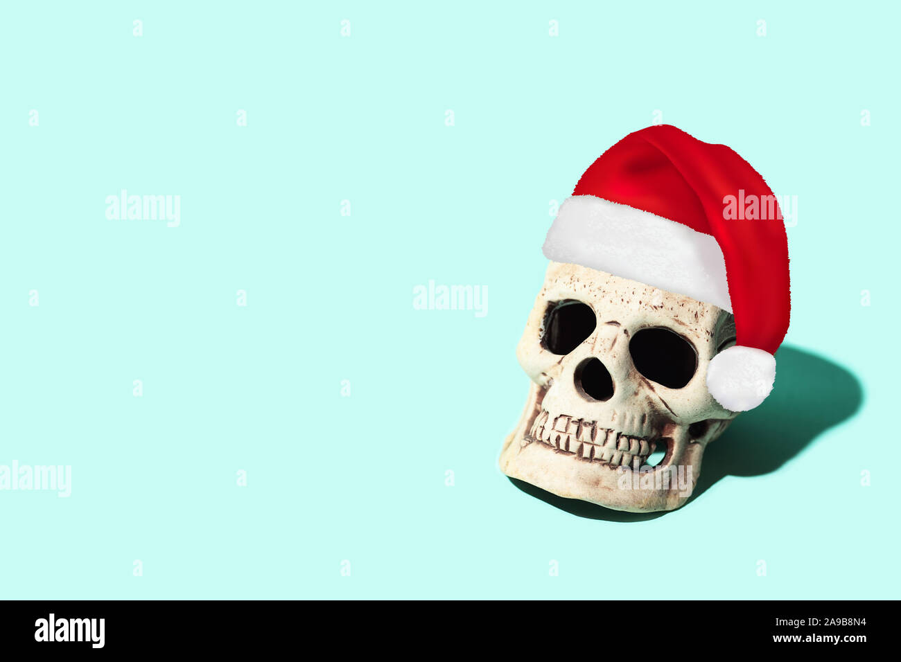 Il cranio con un disco ombra su un sfondo di menta Foto Stock