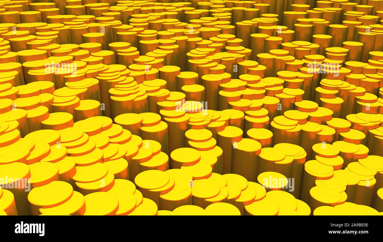 Generata da computer sfondo astratto da molti golden cilindri, rendering 3D Foto Stock
