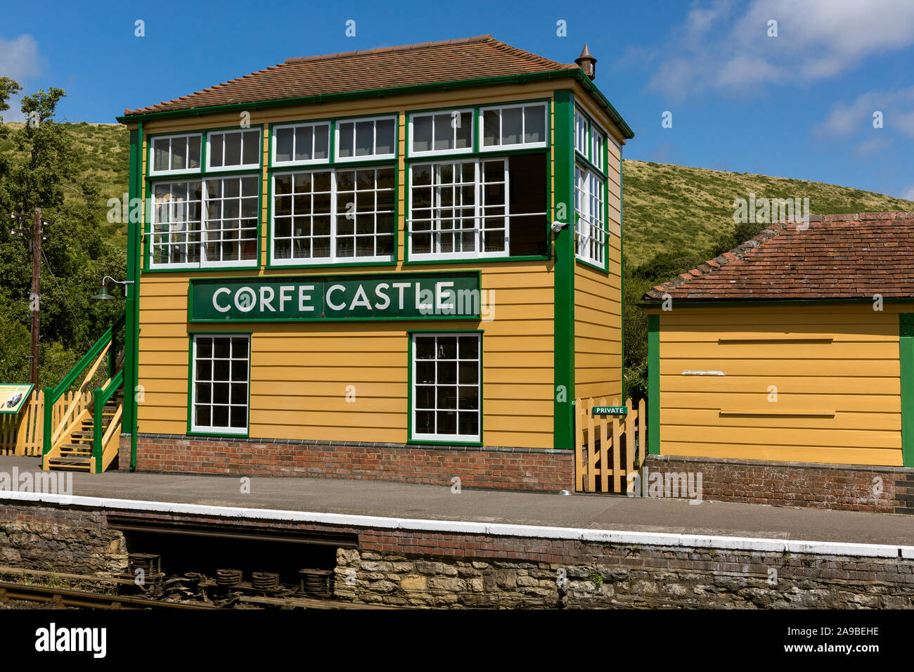 Corfe Castle stazione casella di segnale. Inghilterra, Regno Unito Foto Stock