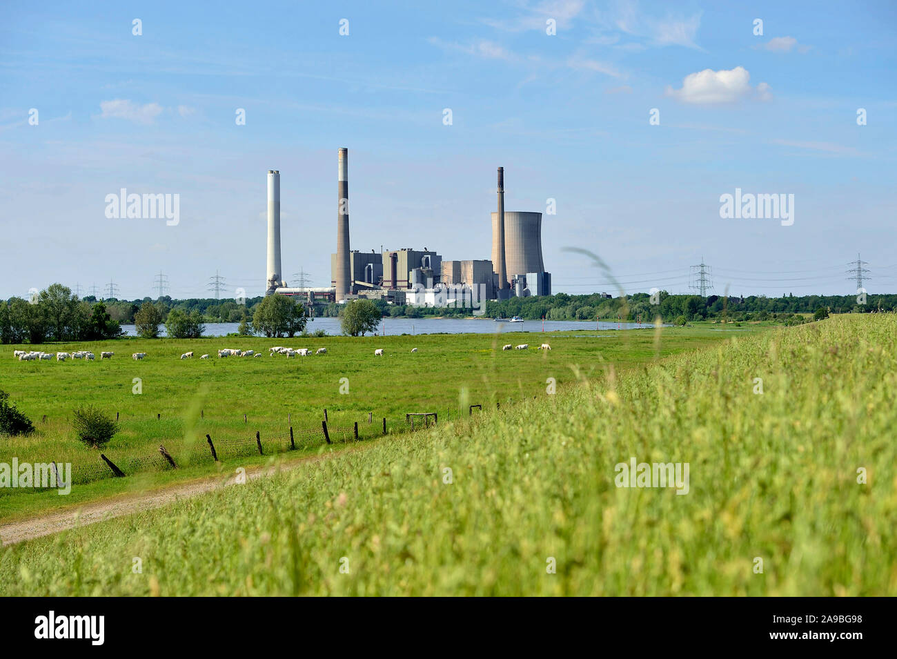 01.06.2019, Dinslaken, Renania settentrionale-Vestfalia, Germania - Rheinauen di Dinslaken - sullo sfondo la Voerde power plant. 0RL190601D023CAROEX.JPG [M Foto Stock
