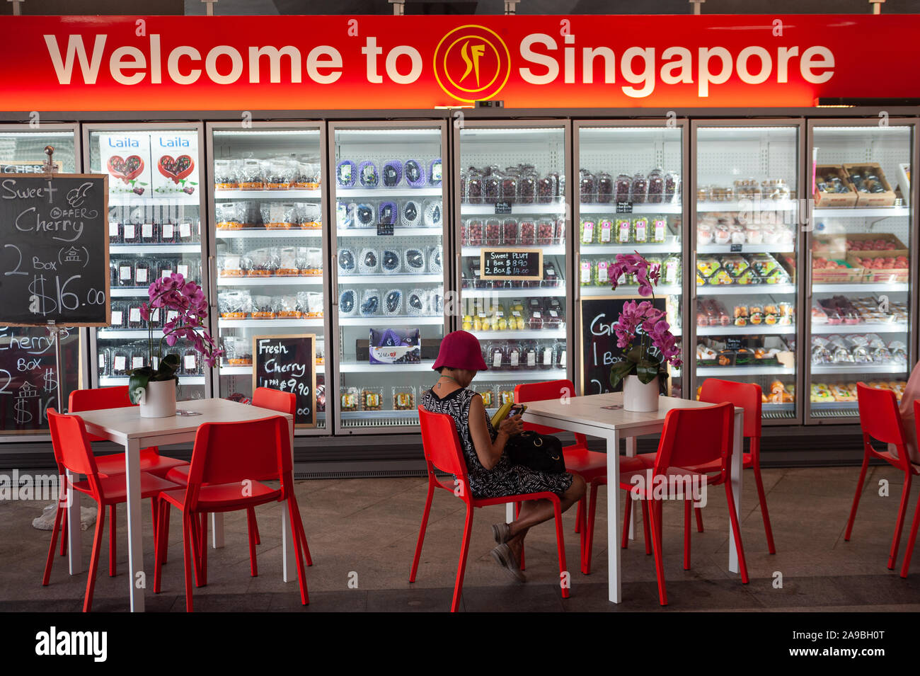 25.07.2019, Singapore , Singapore - Una donna è seduta davanti a un ripiano refrigerato con frutta confezionata in Marina Bay. 0SL190725D011CAROEX.JPG [M Foto Stock