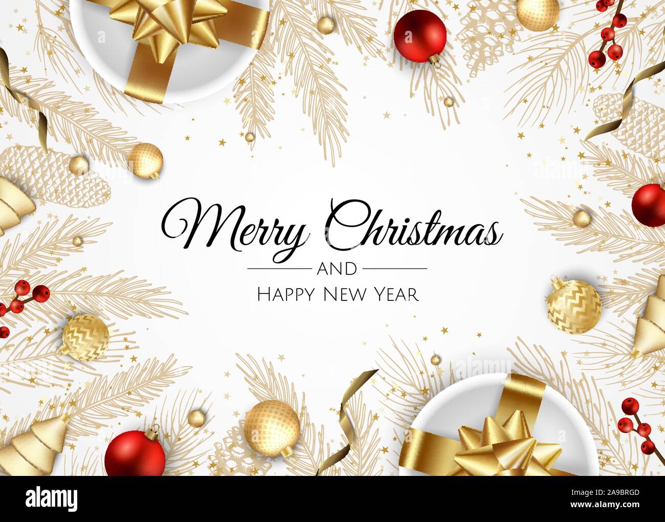 Banner di natale. Sfondo di Natale di design con doni box, il simbolo del fiocco di neve e coriandoli. Natale orizzontale poster, cartoline di auguri, intestazioni o sito web. Illustrazione Vettoriale