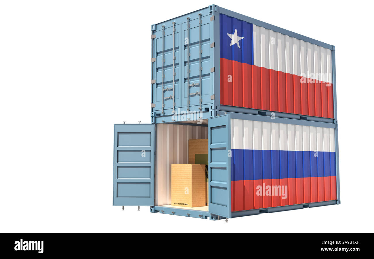 Due container con il Cile e la bandiera della Russia. Isolato su bianco - 3D Rendering Foto Stock