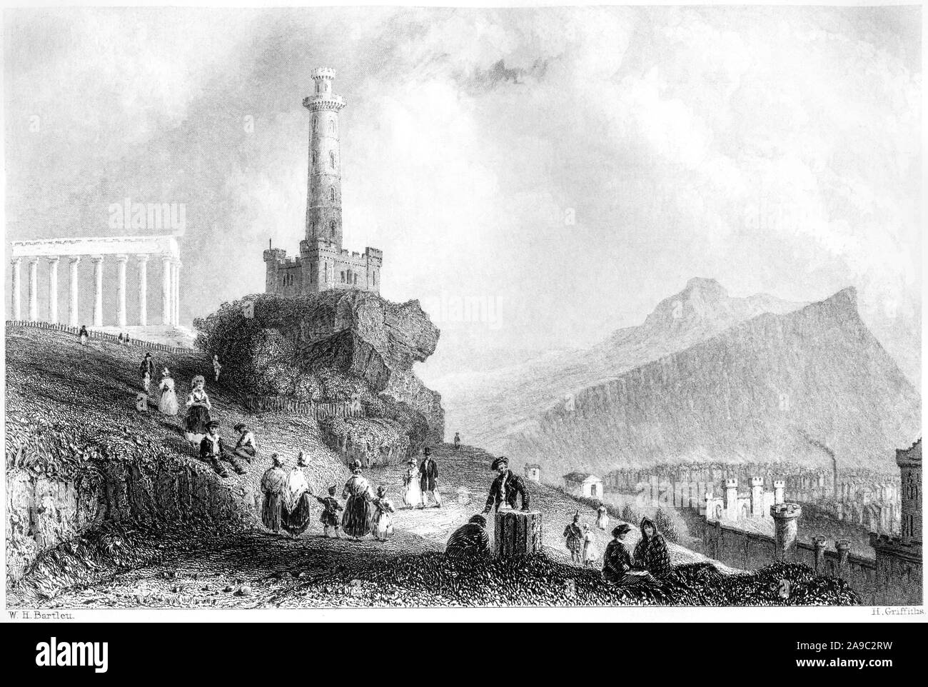 Un'incisione del Calton Hill con Nelson Monument Edinburgh scansionata ad alta risoluzione da un libro stampato nel 1859. Creduto libero di copyright. Foto Stock