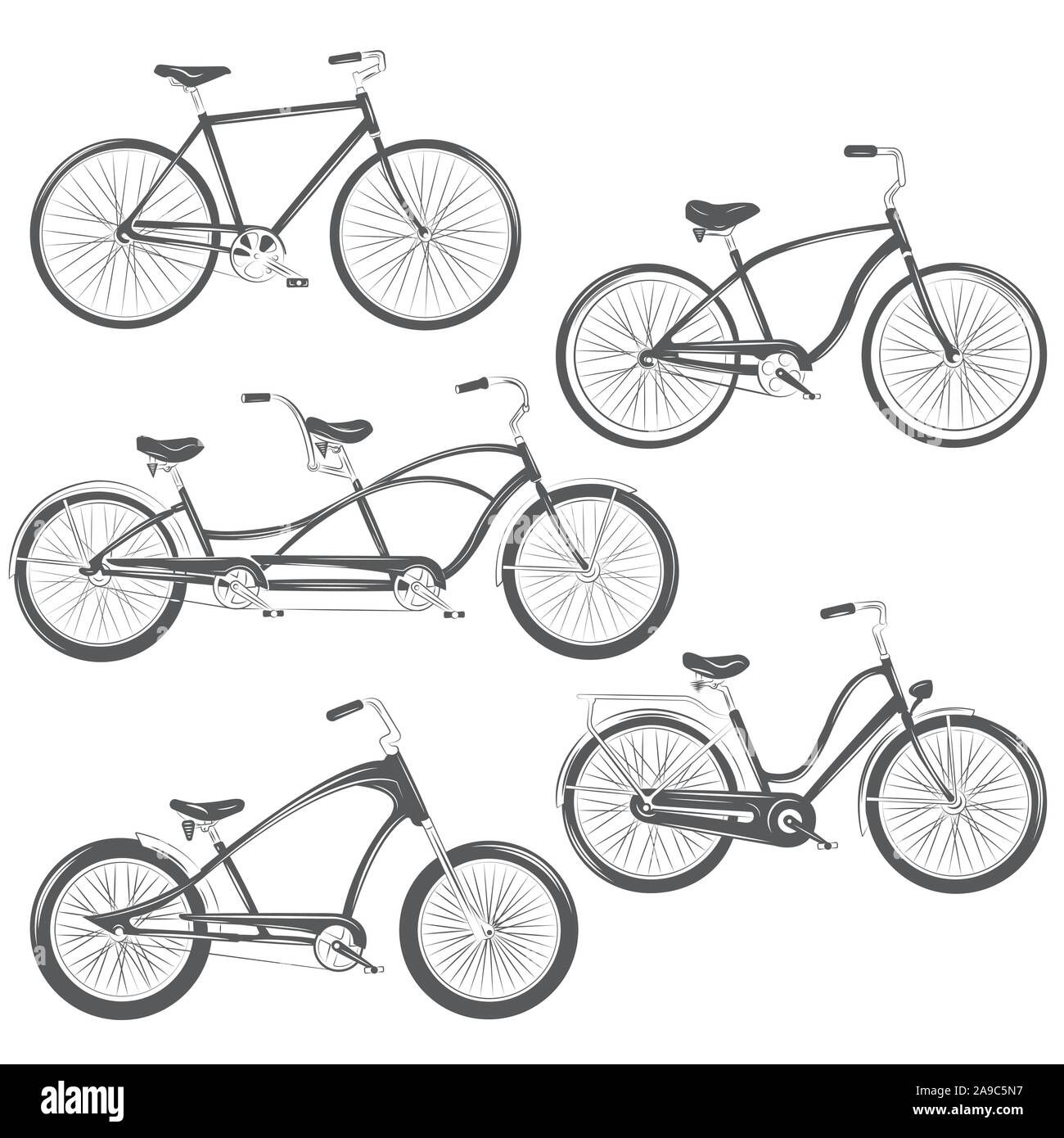 Bicicletta illustrazione vettoriale. Set con quattro diverse biciclette: singolo, trinciatore, cruiser, tandem. T-shirt grafica, tatuaggio disegni e modelli Illustrazione Vettoriale