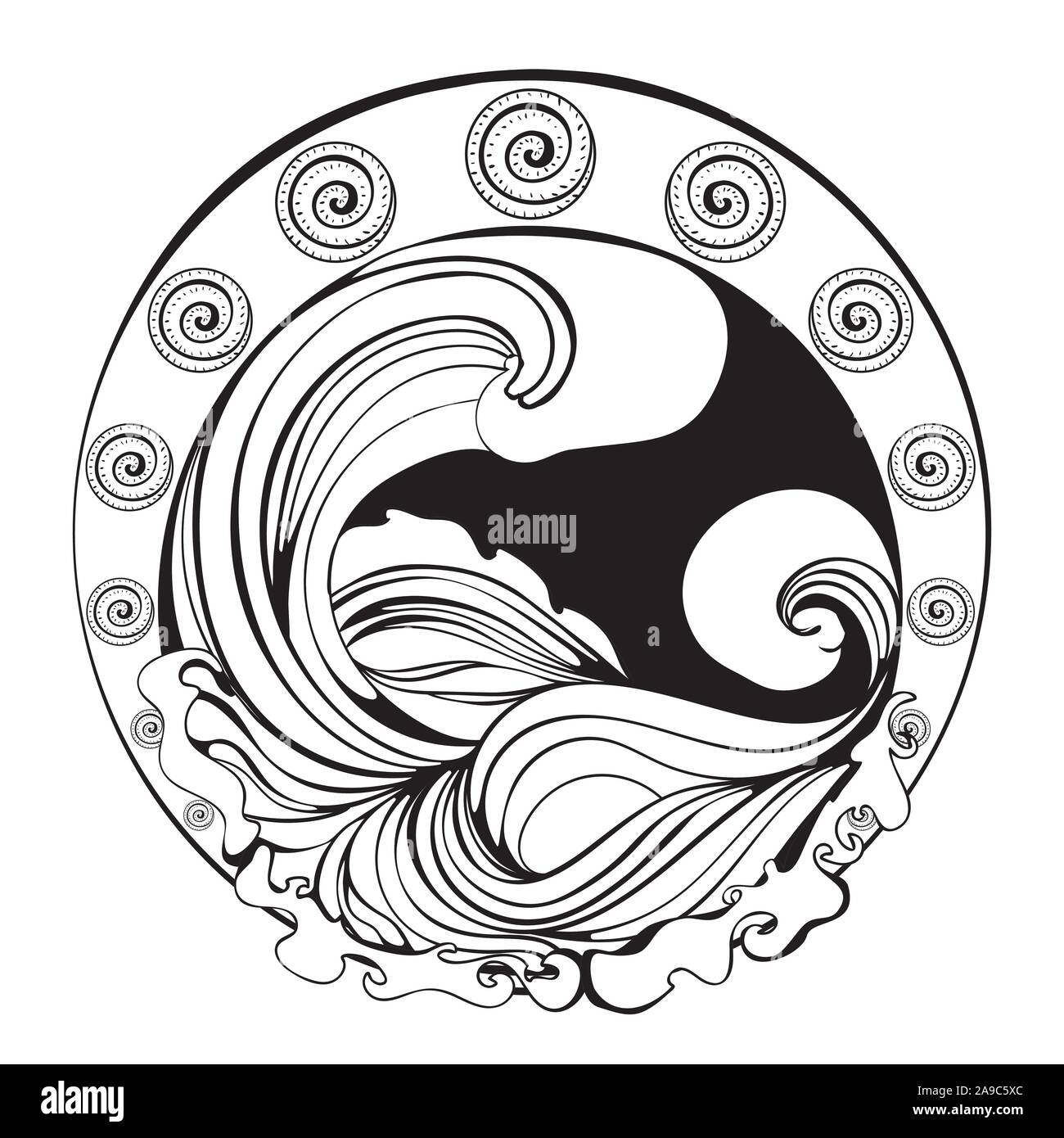 Grandi onde dell oceano tempestoso, mare, design in stile liberty illustrazione. Illustrazione Vettoriale