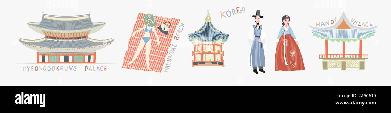 Doodle piatta illustrazione vettoriale attrattive della Corea del Sud Illustrazione Vettoriale