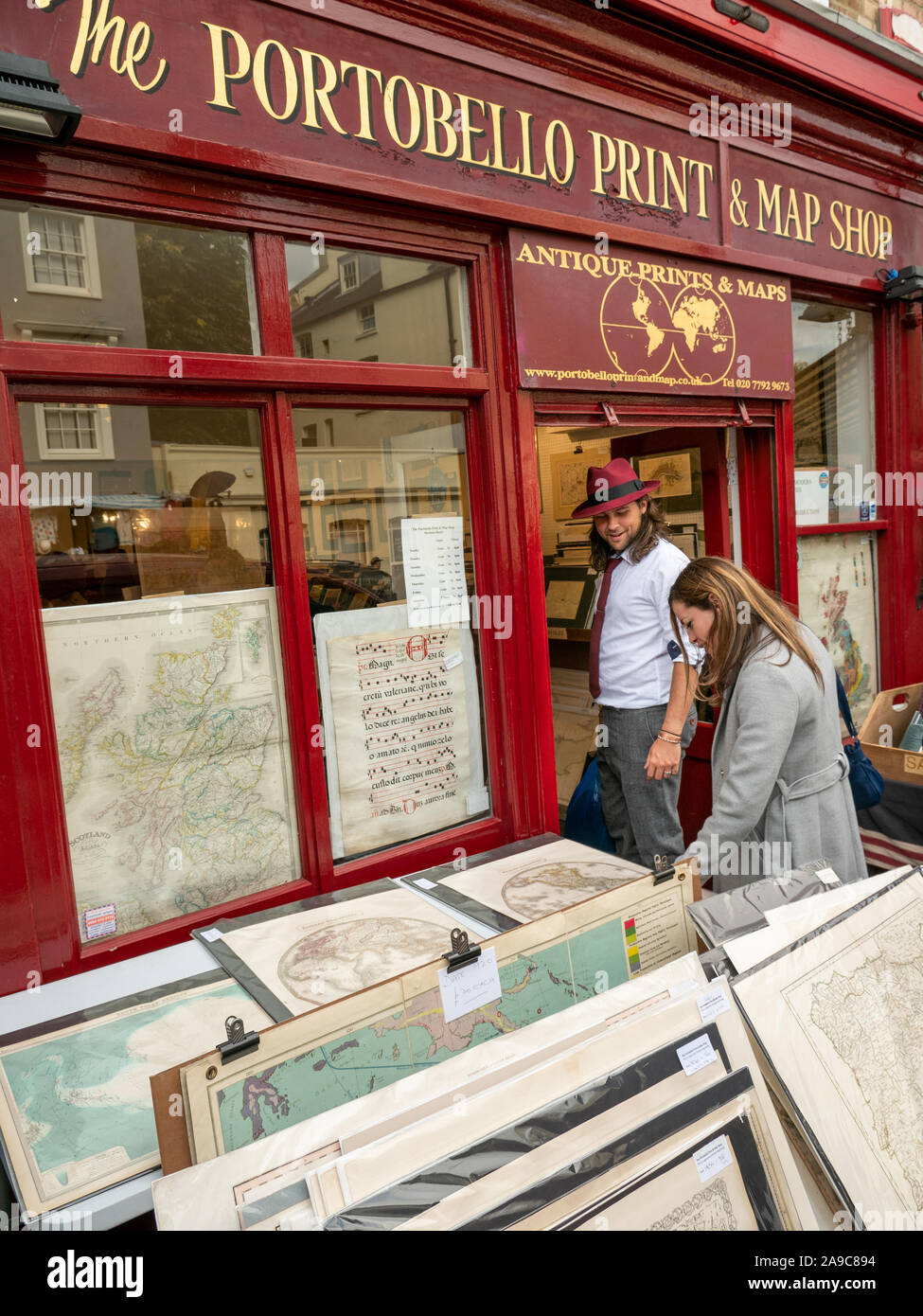Il Portobello Stampa mappa Shop sul mercato di Portobello Road Foto Stock