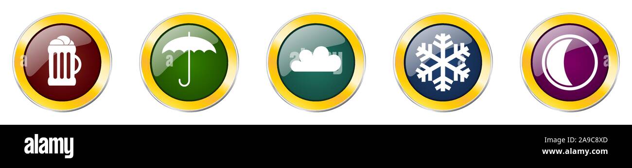 Set di colorata lucida web icone vettoriali, birra, cloud, il simbolo del fiocco di neve, ombrello e pulsanti di luna in eps 10 per webdesign e applicazioni mobili su bianco b Illustrazione Vettoriale