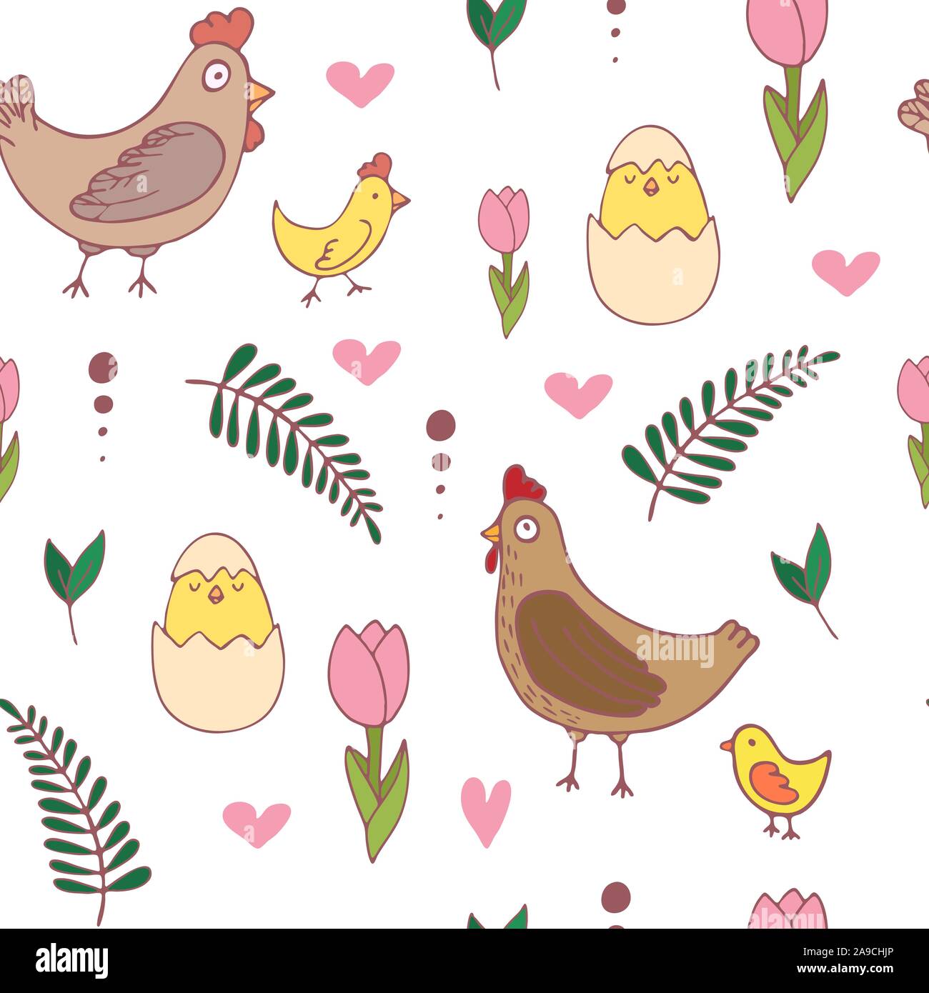 Pasqua Handdrawn seamless pattern con pollo e gallina , illustrazione vettoriale Illustrazione Vettoriale