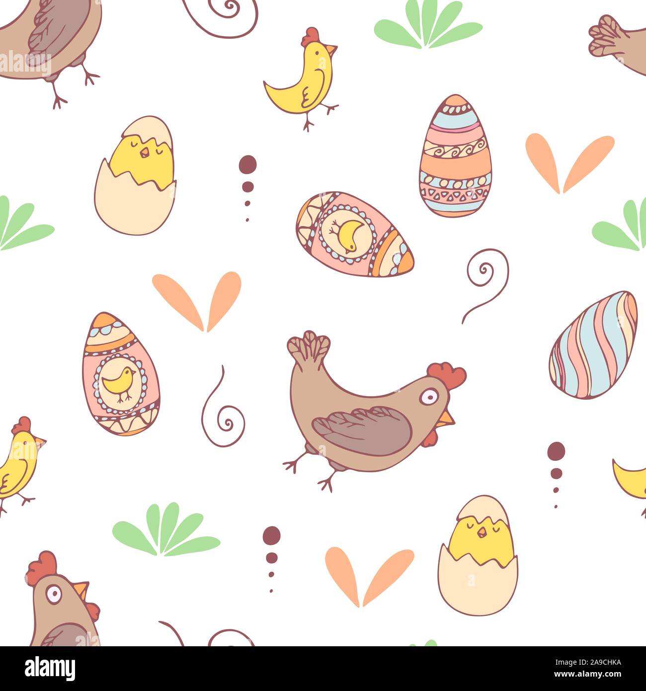 Pasqua Handdrawn seamless pattern con uovo di pollo e gallina , illustrazione vettoriale Illustrazione Vettoriale