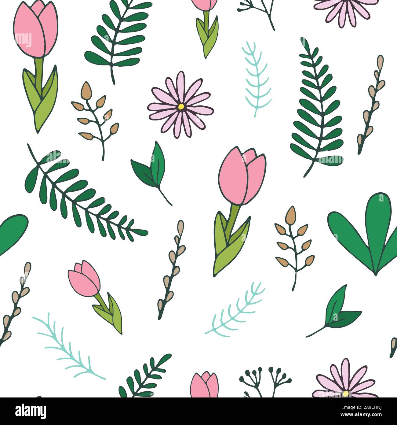 Handdrawn primavera seamless pattern con foglie e fiori , illustrazione vettoriale Illustrazione Vettoriale