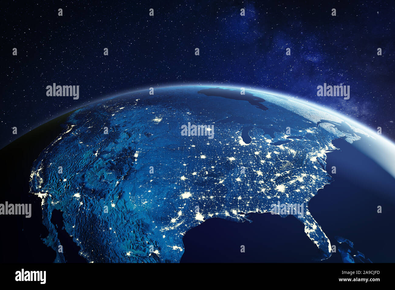Stati Uniti d'America dallo spazio durante la notte con le luci della città che mostra le città americane in Stati Uniti, panoramica globale del Nord America, 3d rendering del pianeta Terra, ele Foto Stock