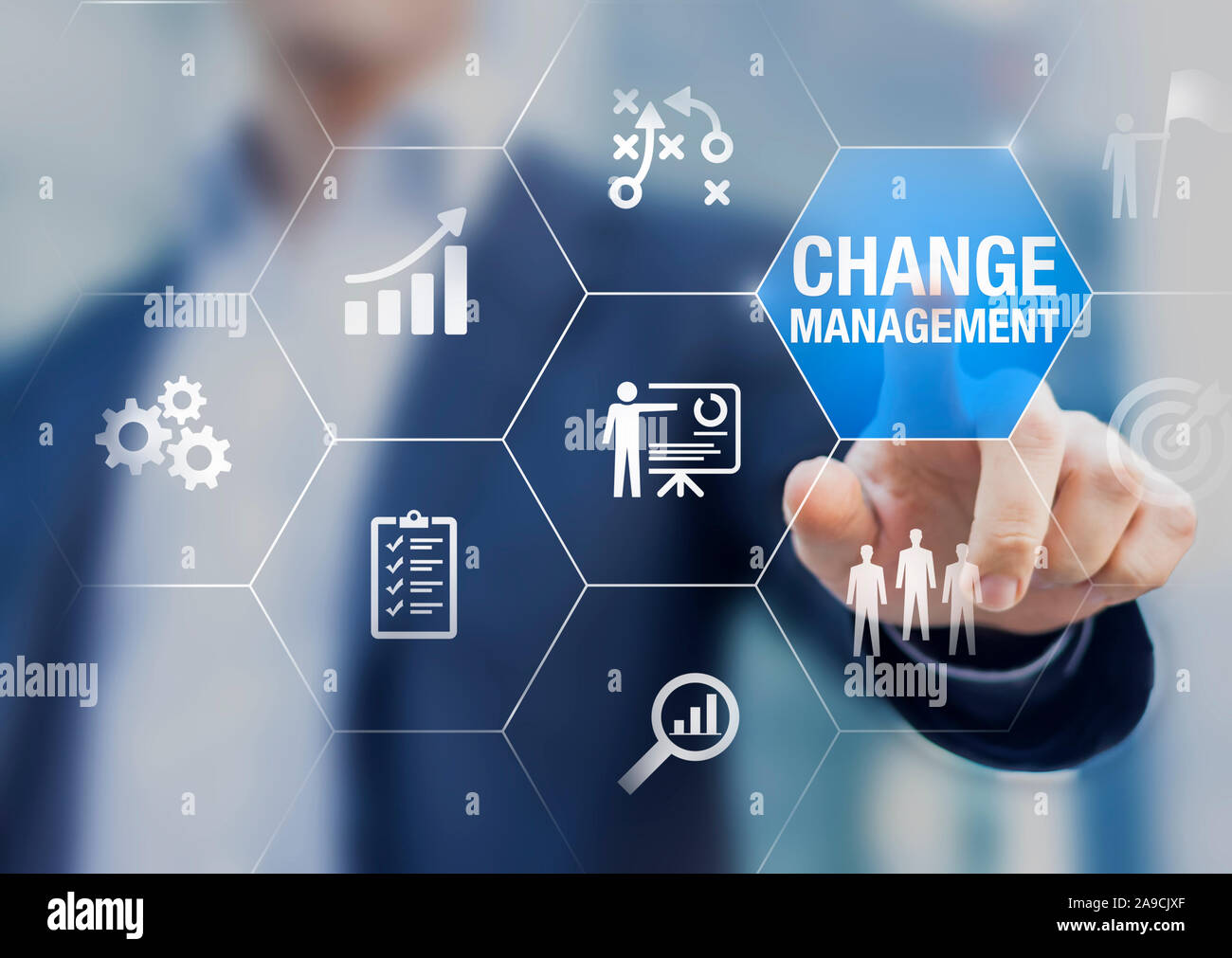La gestione delle modifiche nella organizzazione e nella concezione di business con la consulenza di presentare le icone di strategia, pianificazione, implementazione, comunicazione team, successo Foto Stock