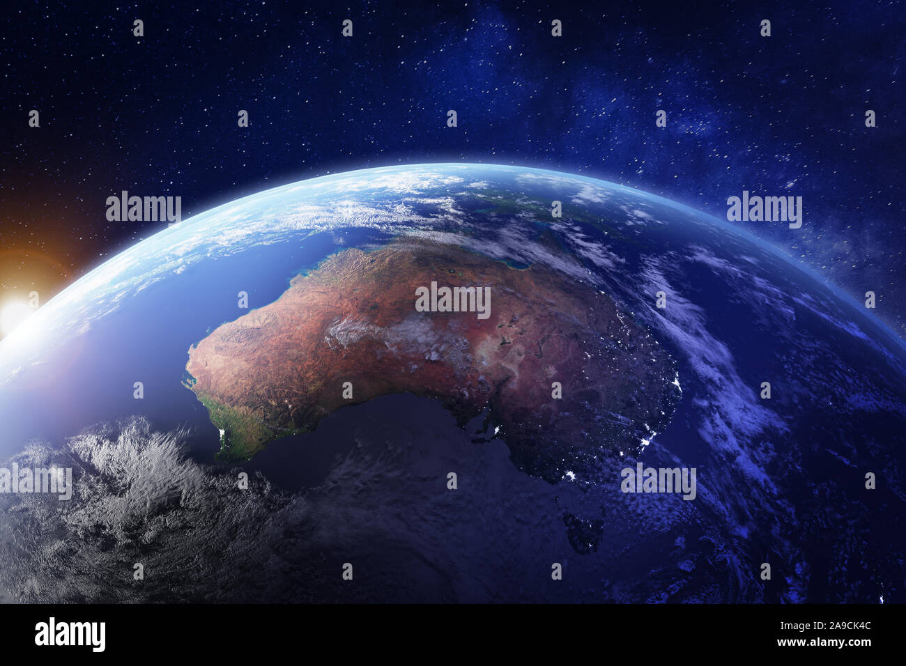 Australia dallo spazio durante la notte con le luci della città di Sydney, Melbourne e Brisbane, vista di Oceania, deserto australiano, la tecnologia della comunicazione e 3d ren Foto Stock