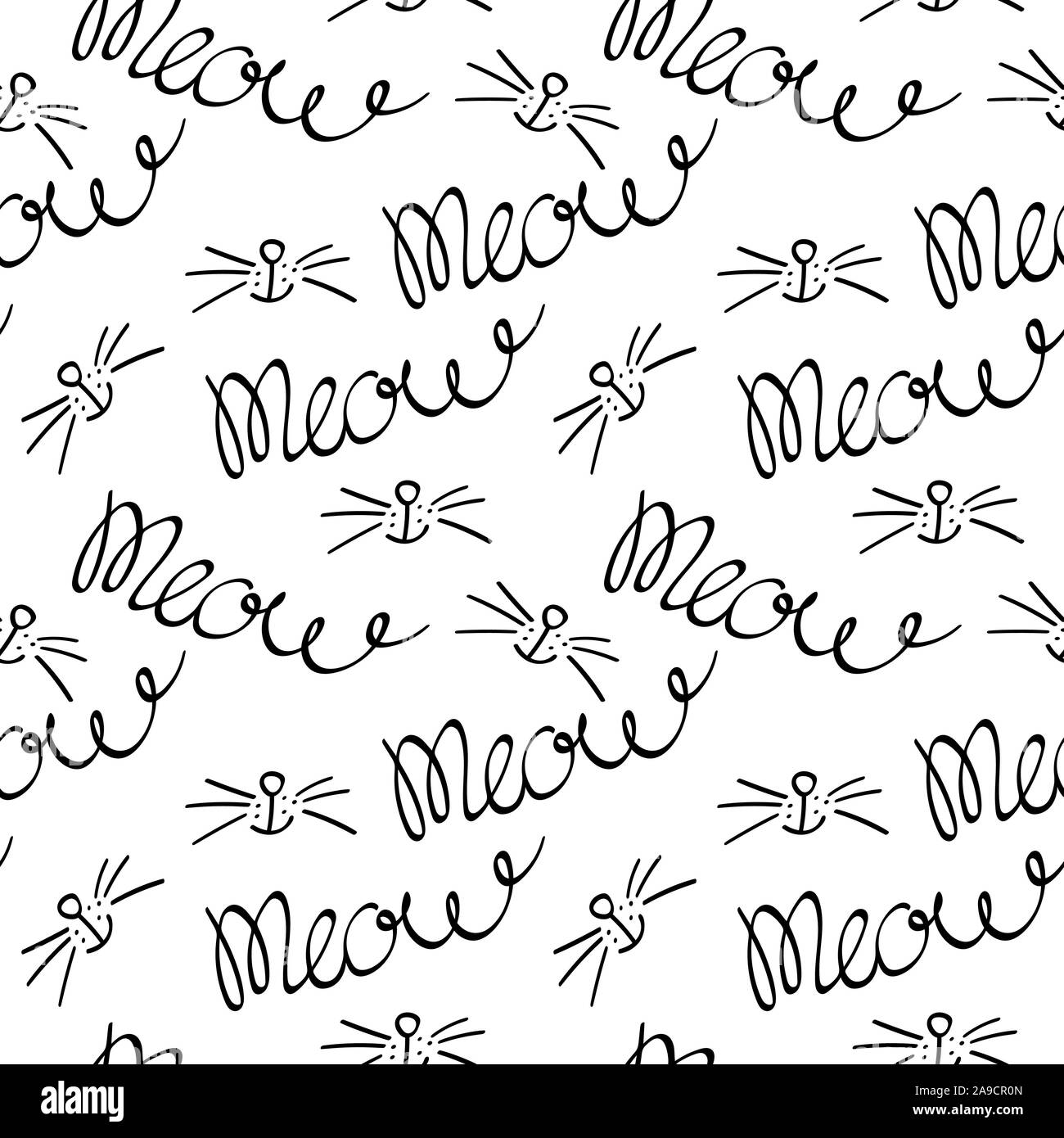 Modello senza cuciture con meow scritte, gatti naso e baffi. La Mano Nera disegno su sfondo bianco. Illustrazione Vettoriale. Illustrazione Vettoriale