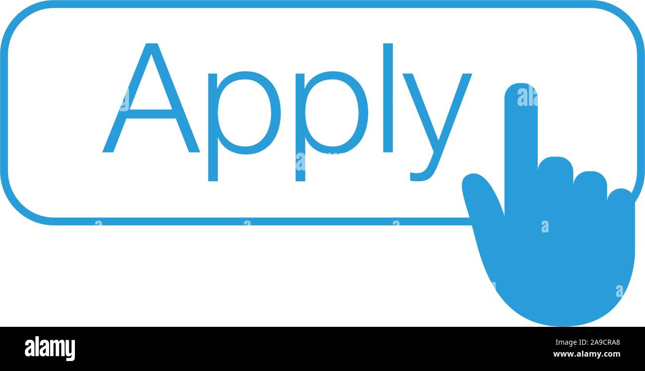 Pulsante Applica con cursore a forma di mano per web form submission, partecipazione della campagna banner, blog, gli aggiornamenti di contenuto e feed di notizie. Stock illustrazione vettoriale Illustrazione Vettoriale
