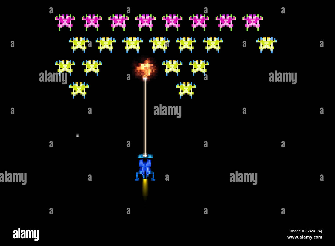 Illustrazione di un tipico 80s pixel spazio gioco arcade Foto Stock