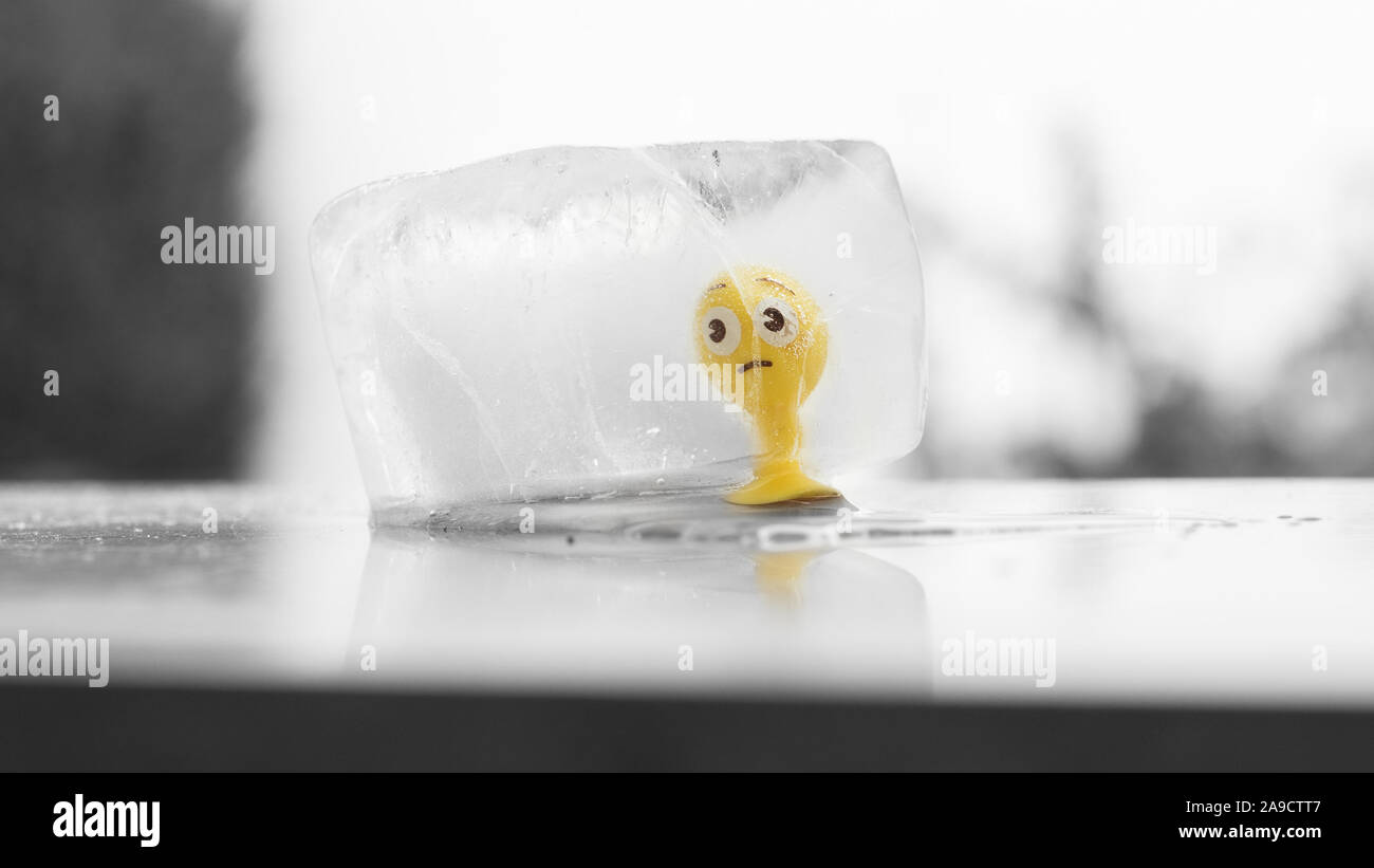 Gomma gialla toy smiley congelati in un cubo di ghiaccio in fusione di Sun Foto Stock