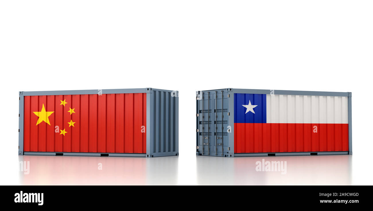 Due container con la Cina e con la bandiera del Cile. Il rendering 3D Foto Stock