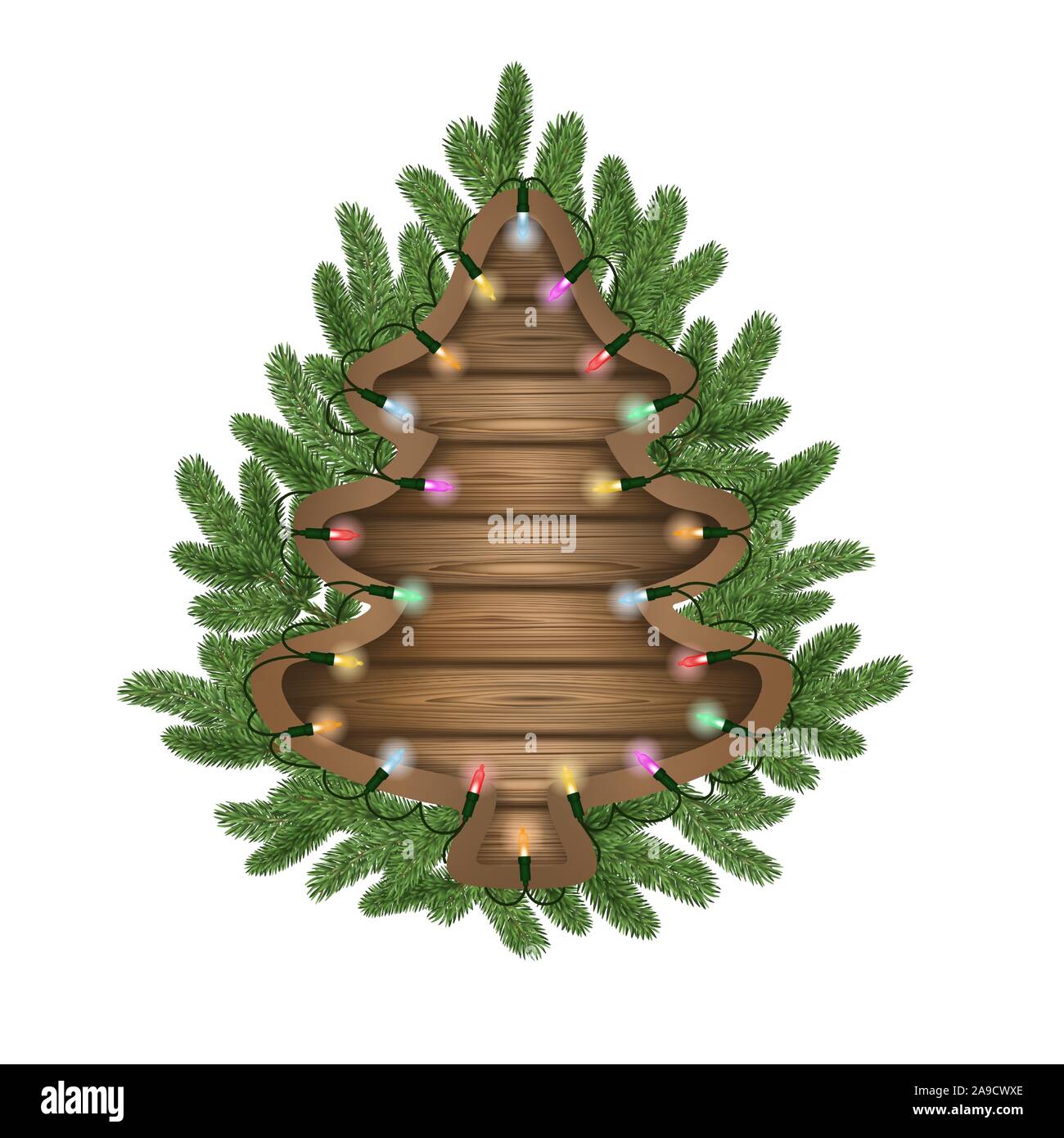 In legno di albero di natale con rami di pino e luci colorate Illustrazione Vettoriale