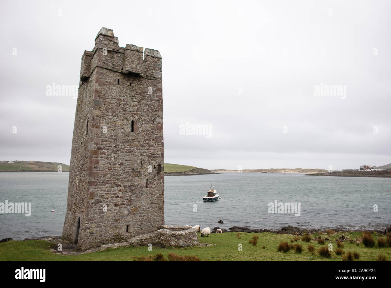 Castello rovina sul ciglio della strada in Irlanda Foto Stock