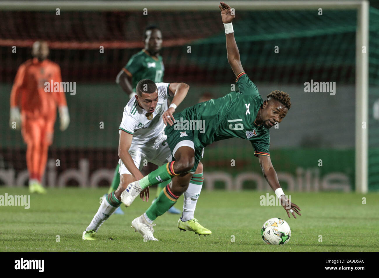 Blida, Algeria. Xiv Nov, 2019. Lo Zambia è Nathan Sinkala (R) e Algeria in Ismael Bennacer battaglia per la sfera durante il 2021 Africa Coppa delle Nazioni qualifica del gruppo H partita di calcio tra Algeria e Zambia a Mustapha Tchaker Stadium. Credito: Farouk Batiche/dpa/Alamy Live News Foto Stock