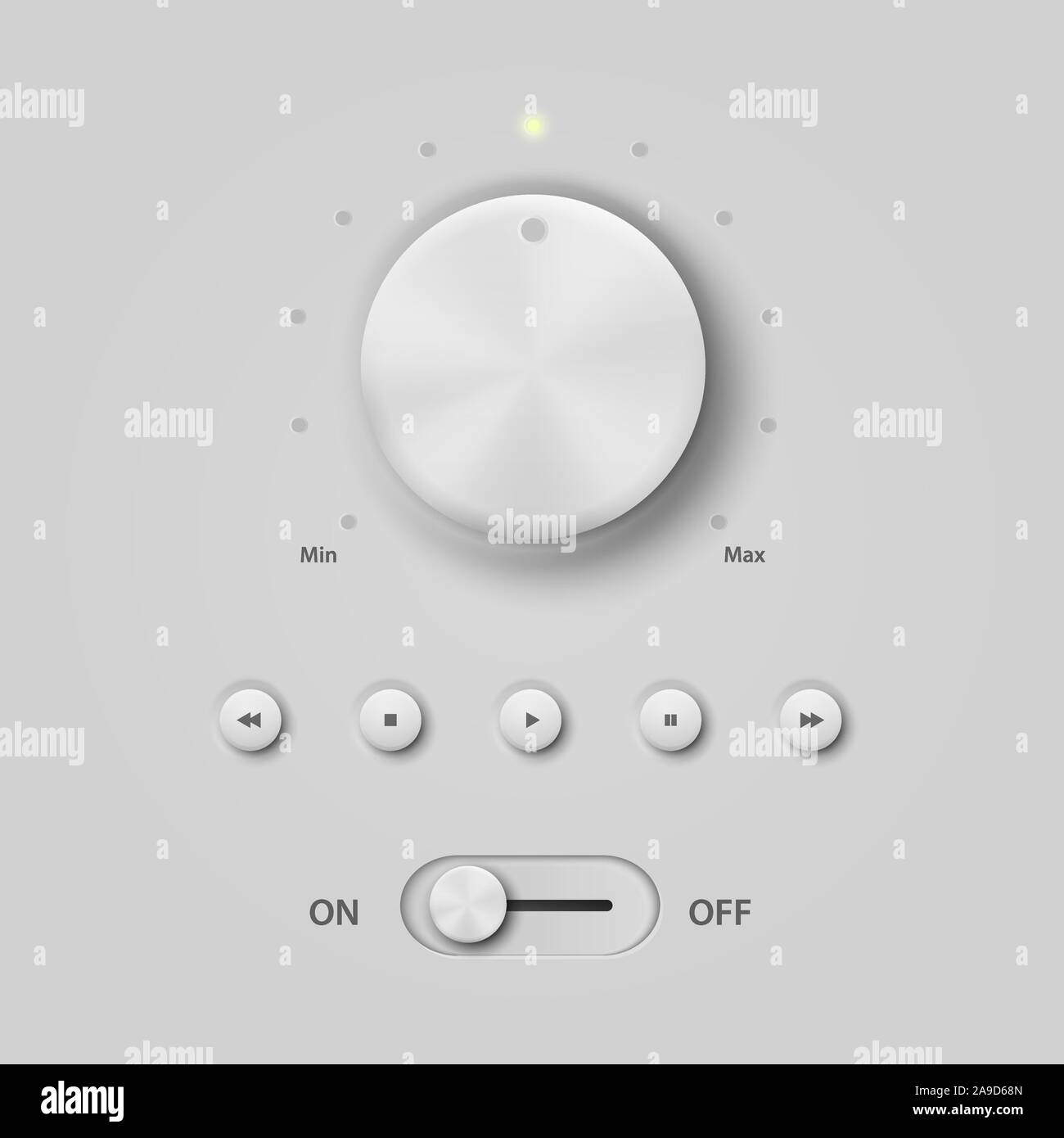 Bianco realistico il pannello in plastica Media Audio Player con manopola di controllo, pulsanti, Set. Modello di progetto di elaborazione circolare, il volume di energia elettrica la riproduzione, su Illustrazione Vettoriale