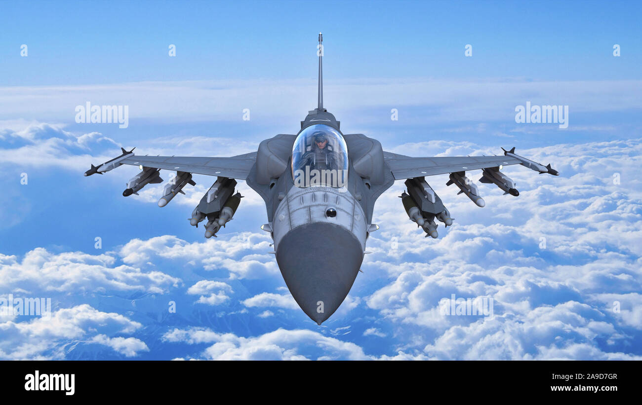 Jet da combattimento aereo in volo, aerei militari, esercito aeroplano che vola nel cielo di nuvole, anteriore vista superiore, rendering 3D Foto Stock