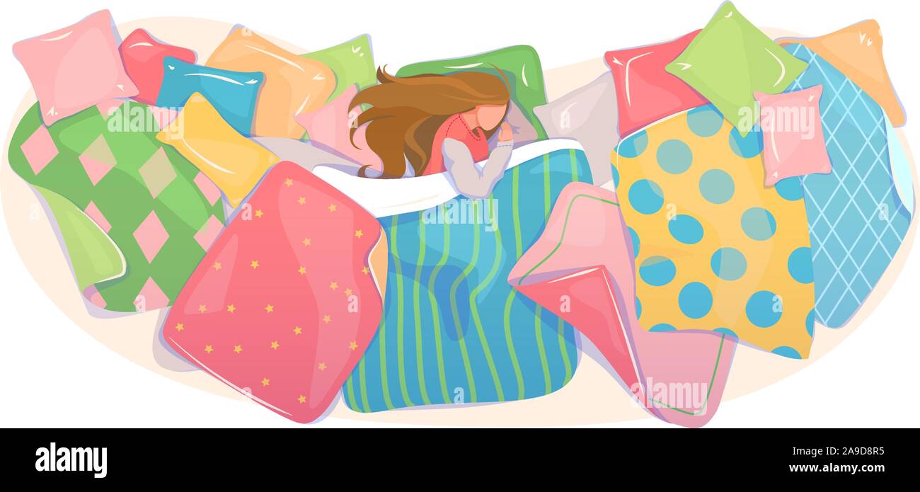 I cuscini e le coperte che coprono la progettazione, negozio di tessuti banner. Ragazza dorme in un intimo biancheria da letto concetto. Set di biancheria da letto modello. Sfondo Web di tessuto pattern. Scheda di sogno, vista dall'alto. Appartamento illustrazione vettoriale. Illustrazione Vettoriale