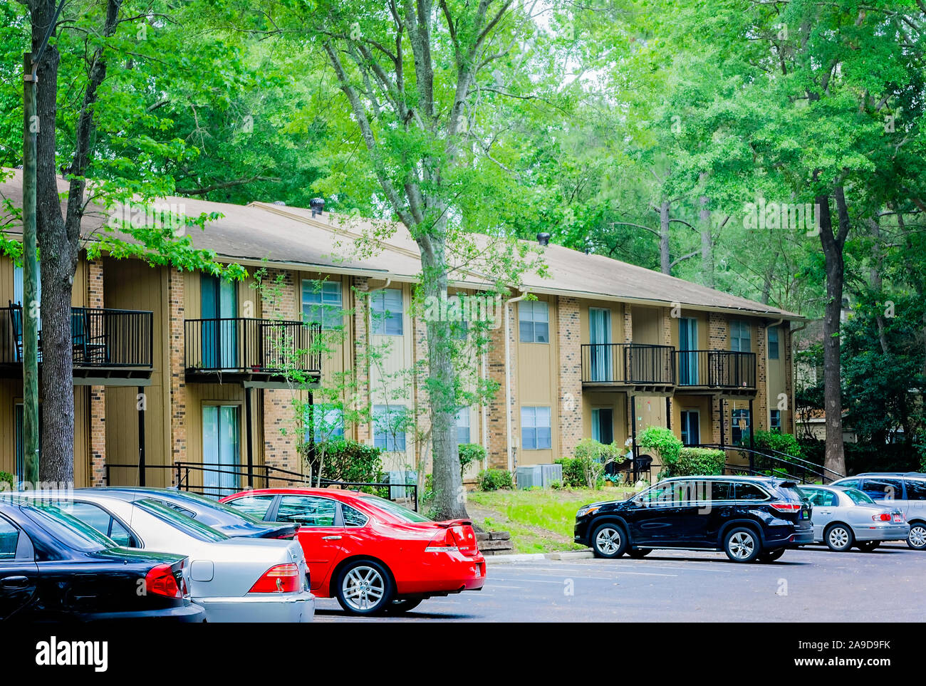 Edifici residenziali sono ritratte in autunno boschi appartamento case, 27 novembre 2015, nel Mobile, Alabama. Foto Stock