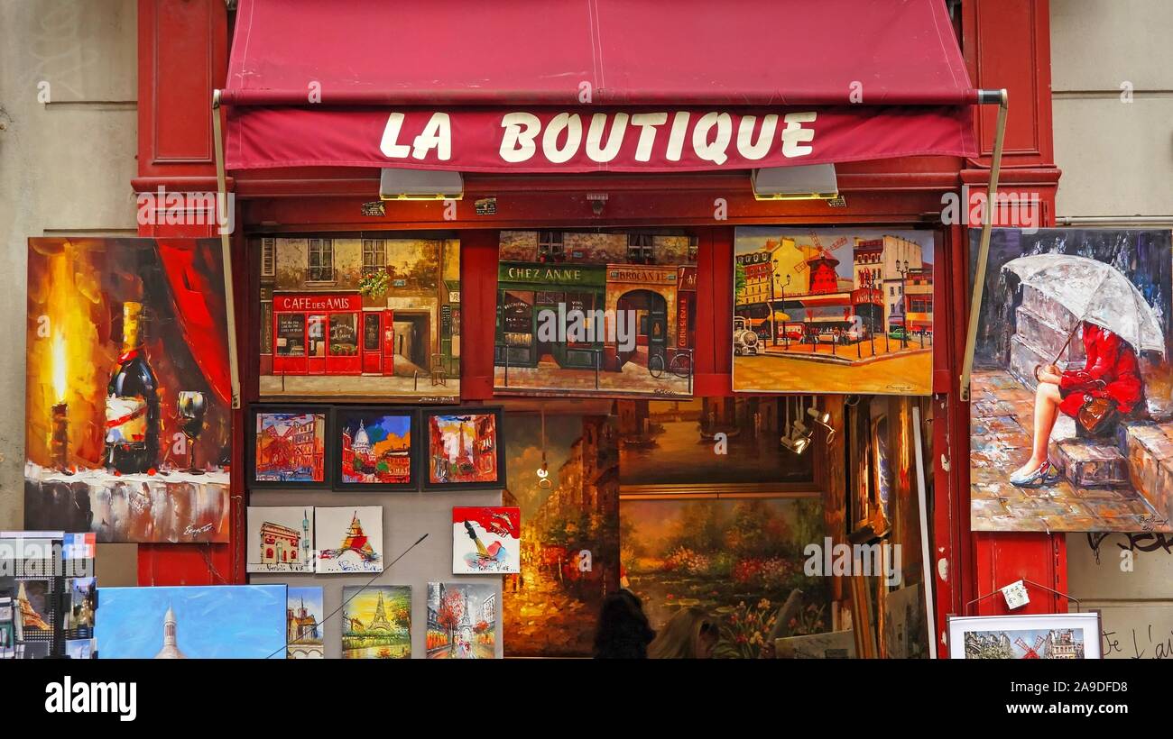 Tipiche boutique in Montmartre, Parigi, Ile de France, Francia Foto Stock