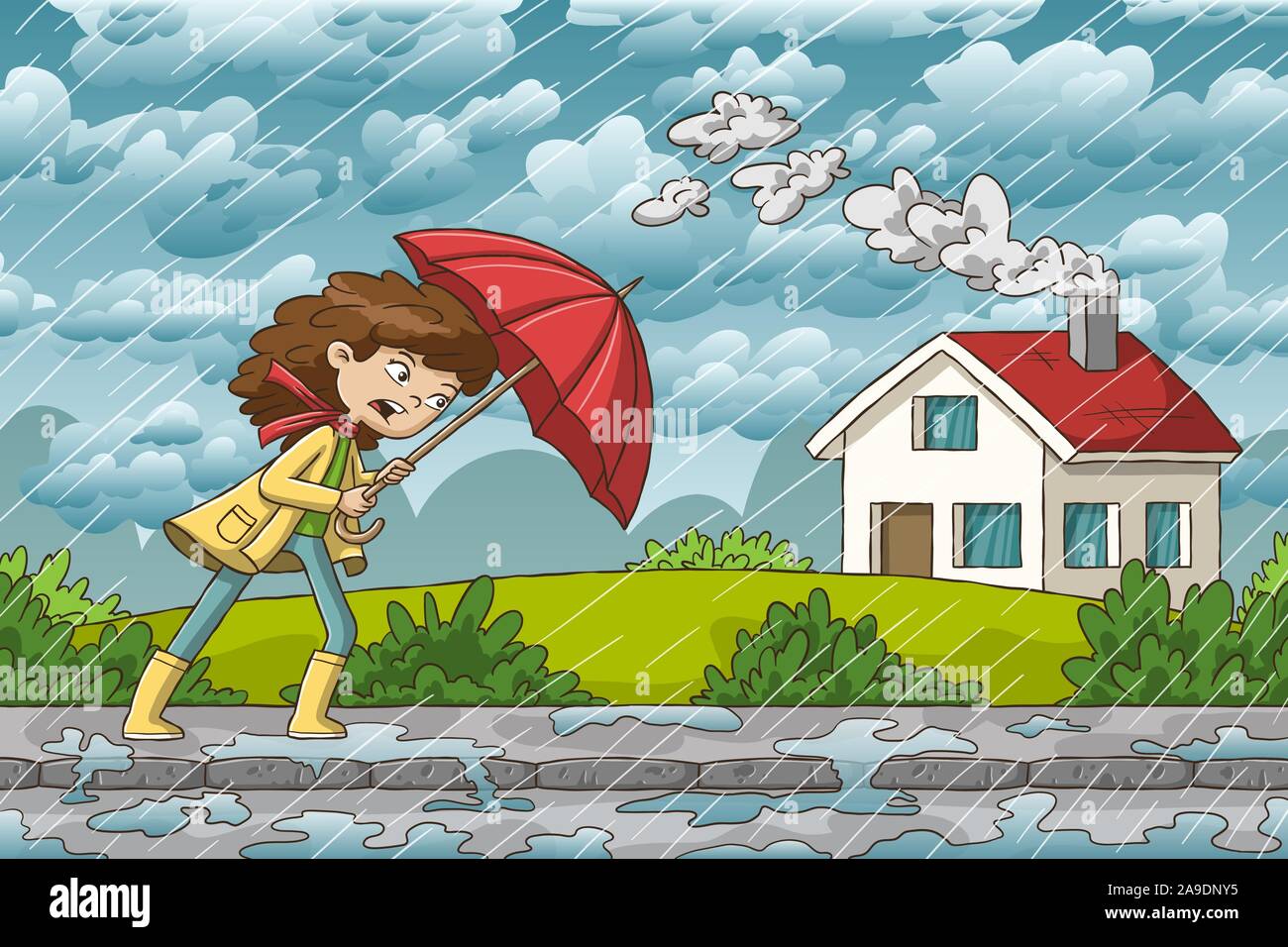 Donna cammina attraverso la pioggia. Disegnata a mano illustrazione vettoriale con strati separati. Illustrazione Vettoriale