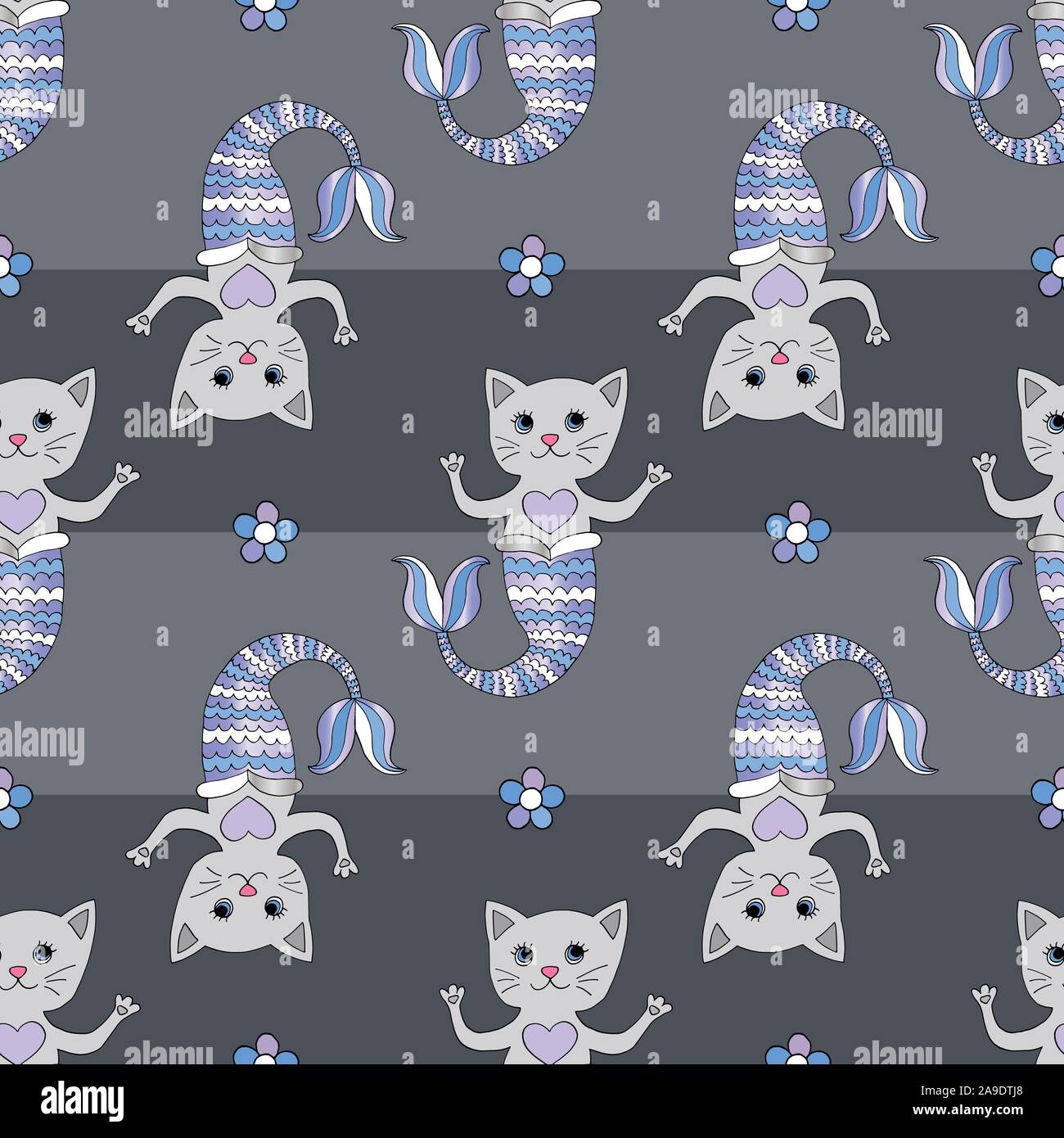 Cat mermaid vector seamless pattern. Disegnato a mano cartoon astratta girly kitty sfondo. Nuoto simpatici animali domestici caratteri. Illustrazione Vettoriale