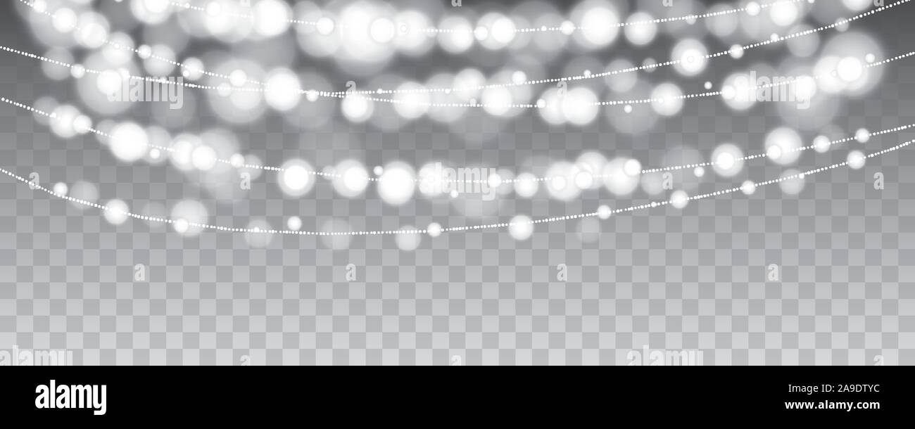 Festa di Natale appeso luci isolate su sfondo trasparente. Utilizzare per coprire, elemento di design, banner. Illustrazione Vettoriale