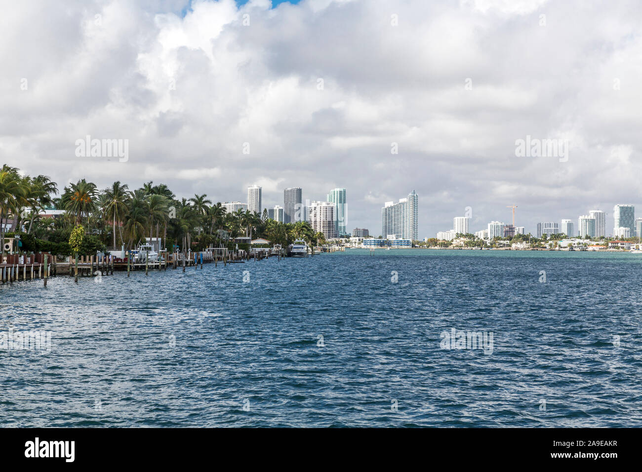 Case di Lusso, Hibiscus Islanda, dietro lo skyline del centro della città, Miami, Miami-Dade County, Florida, USA, America del Nord Foto Stock