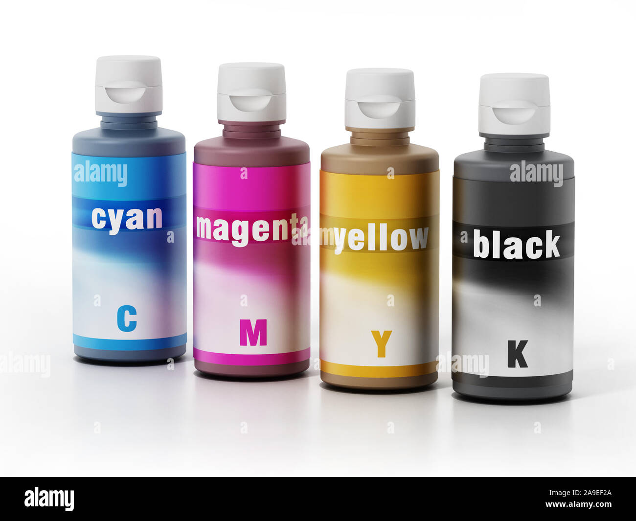 Stampante a getto di inchiostro refill inchiostro CMYK bottiglie. 3D'illustrazione. Foto Stock