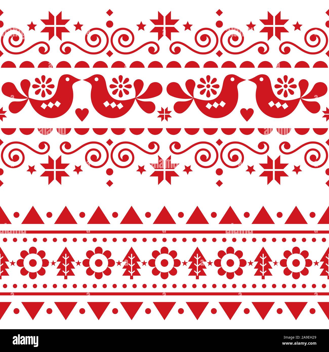 Natale scandinavo folk vettore seamless pattern lunghe, ripetitive inverno carino il design nordico con uccelli, alberi di Natale, i fiocchi di neve e fiori Illustrazione Vettoriale