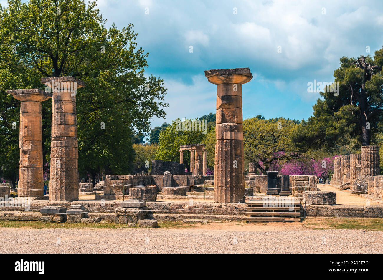 Il sito archeologico di Olimpia antica. Il luogo dove i giochi olimpici sono nati in tempi classici e dove la fiaccola olimpica oggi è innescata. Foto Stock
