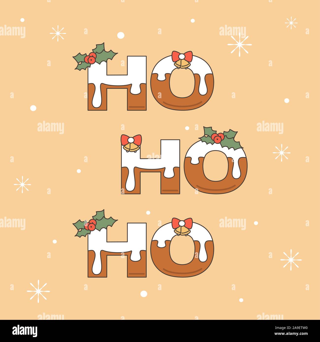 Ho ho ho il testo con lettera di Natale decorato con neve, campane e vettore di vischio vacanze card Illustrazione Vettoriale