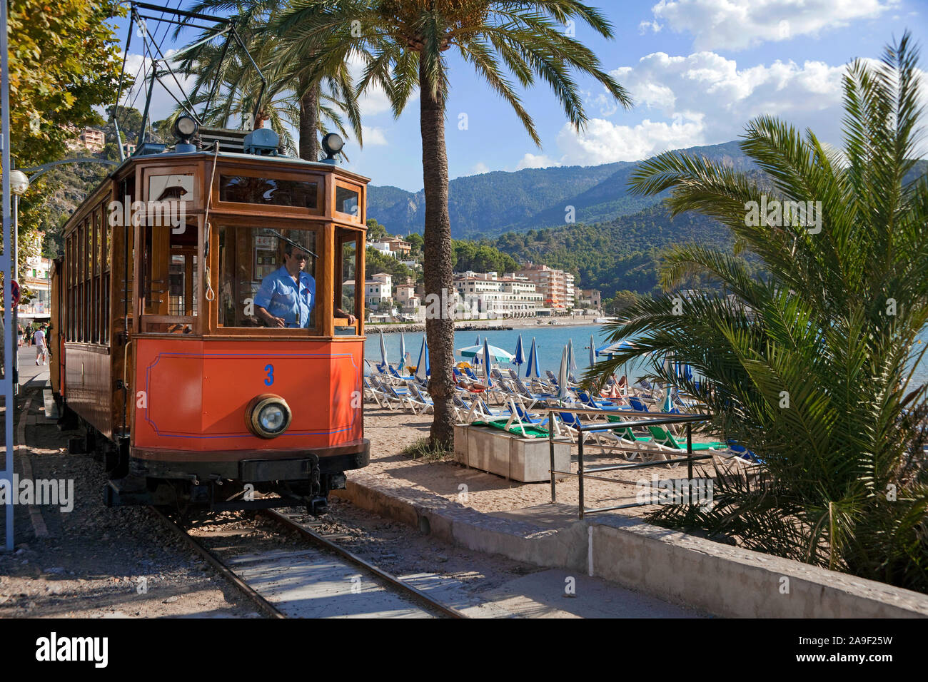 Tram Nostalgico a Port de Soller, Soller Maiorca, isole Baleari, Spagna Foto Stock