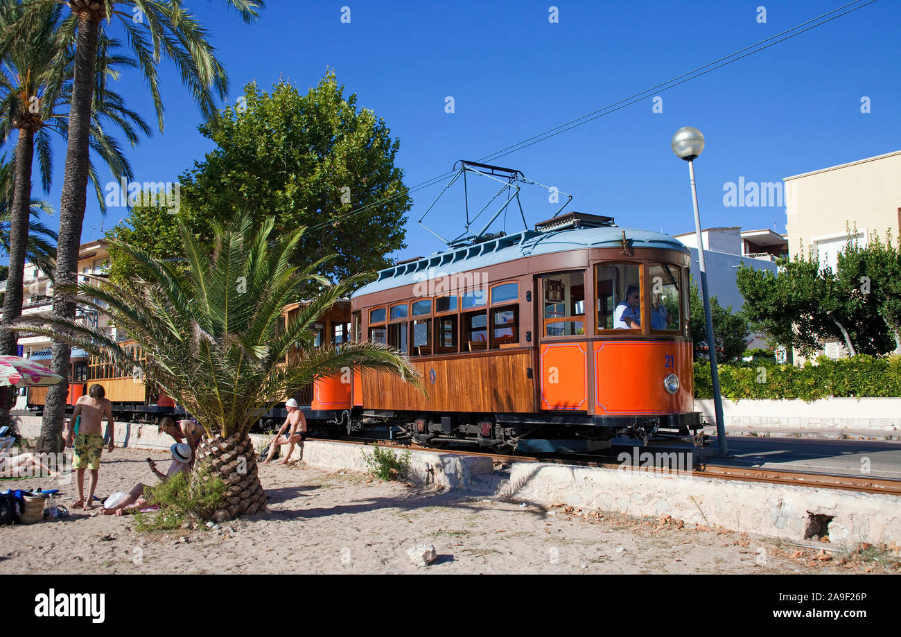 Tram Nostalgico a Port de Soller, Soller Maiorca, isole Baleari, Spagna Foto Stock